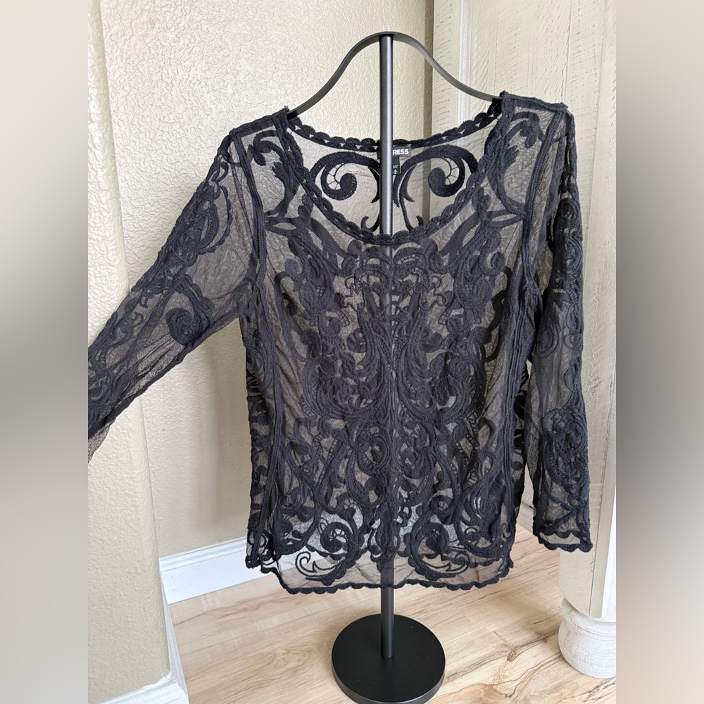 Express Black Sheer Lace Blouse - Picture 3 of 10
